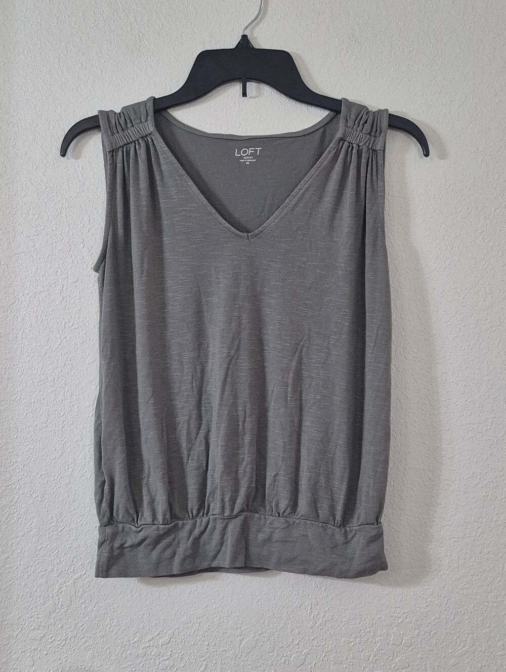 LOFT Gray V-Neck Sleeveless Blouson Top with Gathered Shoulders